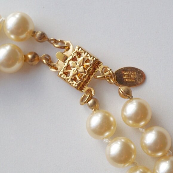 1990s Nolan Miller Two-Strand Faux Pearl Necklace w/ Gold-Plated Filigree Clasp - Picture 2 of 3
